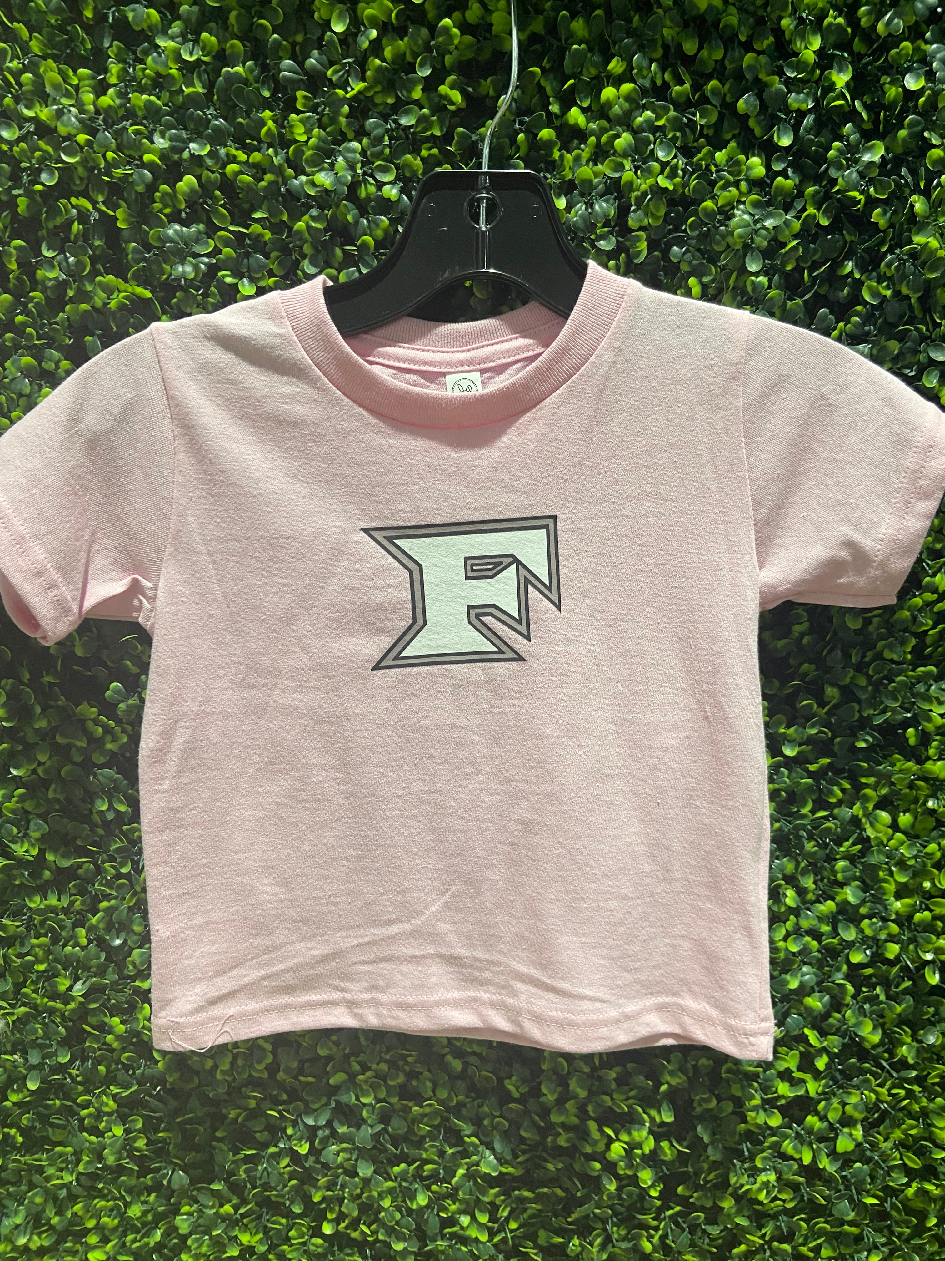 Youth Pink Tee with classic f lined (black and grey)