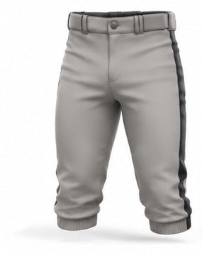 A catalog-style composite showing two pairs of baseball pants, each presented from front, side, and back views. The top pair is light gray with dark side stripes, labeled 'KNICKER MEN'S STYLE' and '2026'; the bottom pair is black with thin white pinstripes, also labeled 'KNICKER MEN'S STYLE' and '2026'.